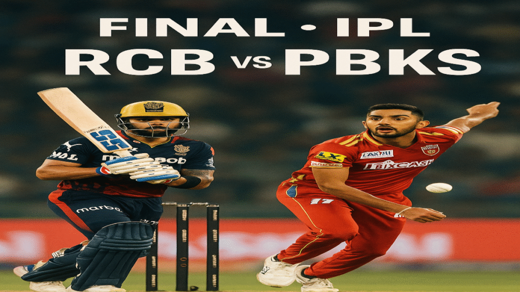 IPL 2025 Final match poster featuring Royal Challengers Bengaluru vs Punjab Kings at Narendra Modi Stadium with players Virat Kohli, Phil Salt, Sam Curran, and Arshdeep Singh under stadium floodlights.